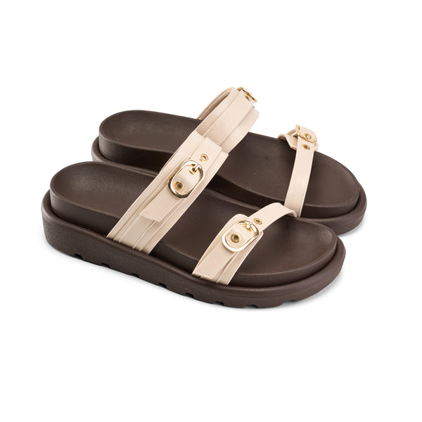Beige Leather Strap Sandals with Gold Buckle – Casual Comfort Slides