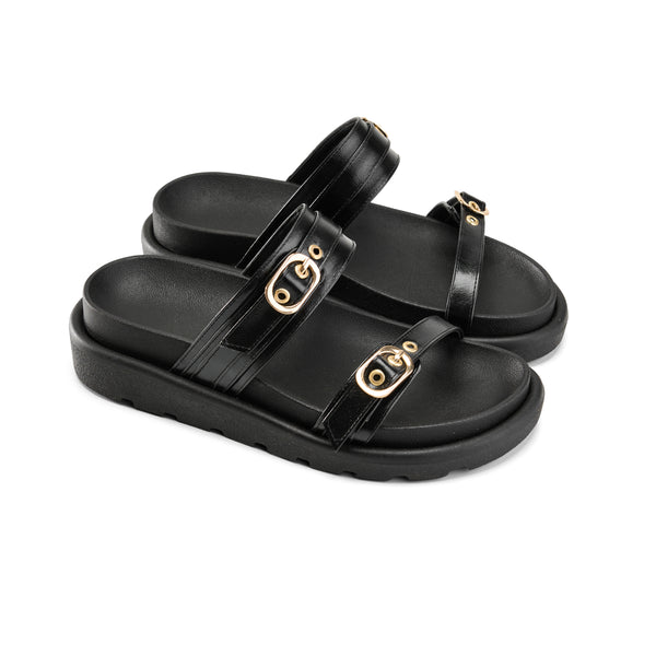 Black Leather Strap Sandals with Gold Buckle – Casual Comfort Slides