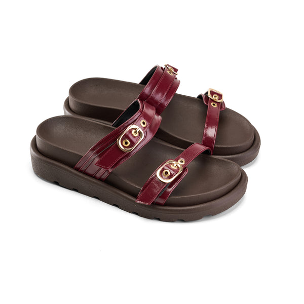 Burgundy Leather Strap Sandals with Gold Buckle – Casual Comfort Slides