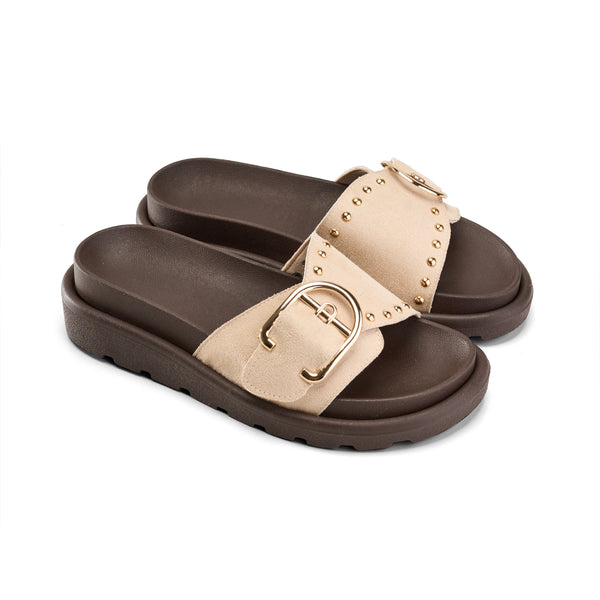Beige Buckle Slide Sandals – Comfy Slip-On with Gold Stud Detail