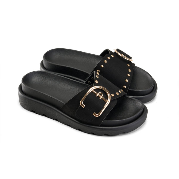 Black Buckle Slide Sandals – Comfy Slip-On with Gold Stud Detail