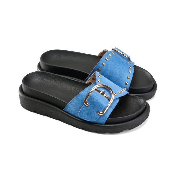 Blue Buckle Slide Sandals – Comfy Slip-On with Gold Stud Detail