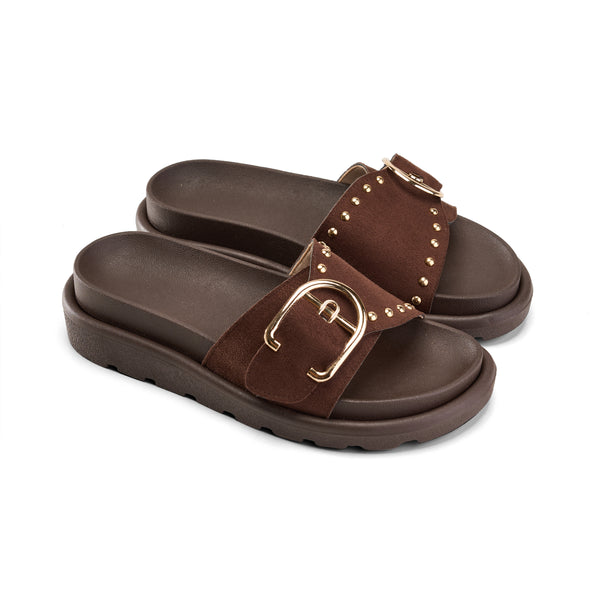 Brown Buckle Slide Sandals – Comfy Slip-On with Gold Stud Detail