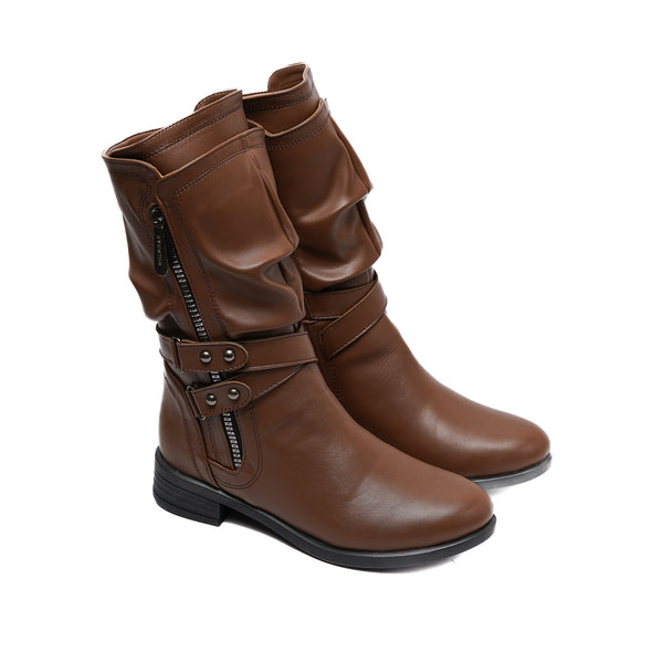 Brown Mid-Calf Boots – Warm Lined Leather Look with Zipper