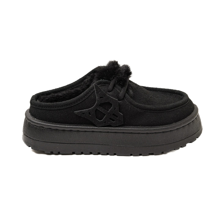 Black slip-on shoe with fuzzy lining on a white background