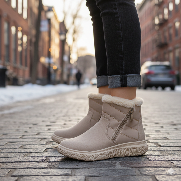 Person wearing beige winter boots with fur trim on a city street.