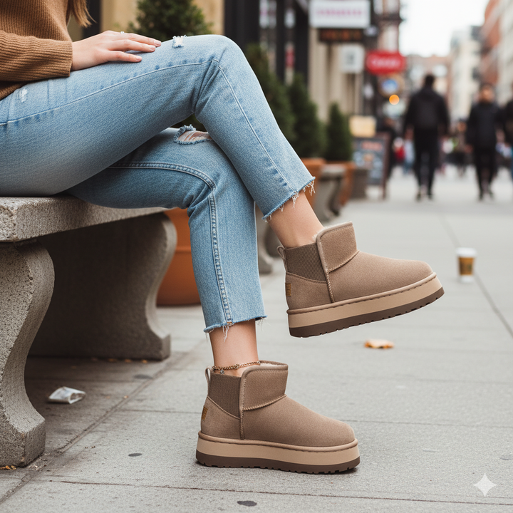 Person wearing brown ankle boots sitting on a bench in an urban setting