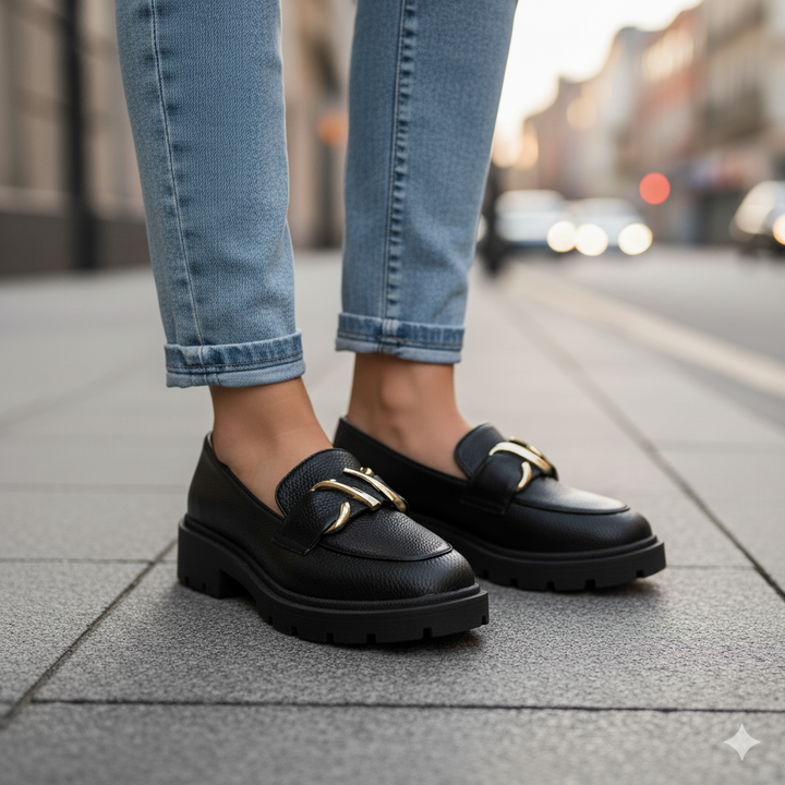 Black loafers with gold accents worn with blue jeans on a city street.