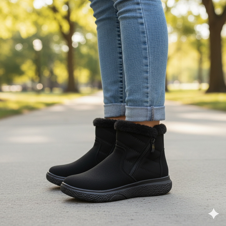 Black ankle boots with fur trim worn with rolled-up jeans on a blurred outdoor background