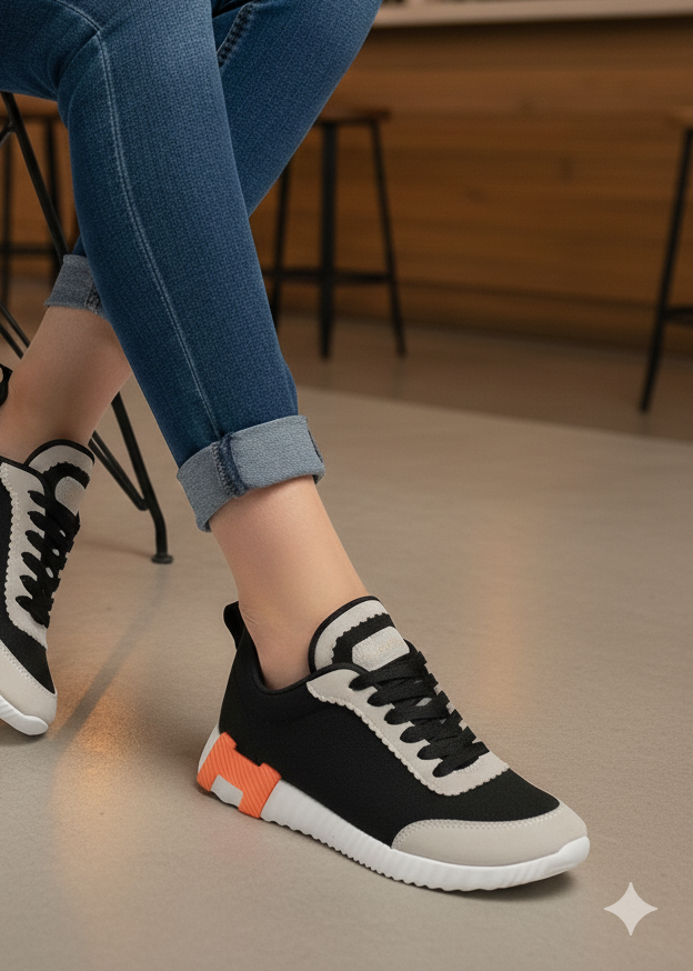 Person wearing black and orange sneakers with blue jeans in a casual setting