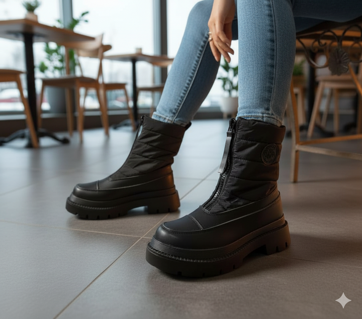 Person wearing black platform boots in a casual setting