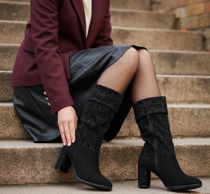 Person wearing black knee-high boots sitting on steps