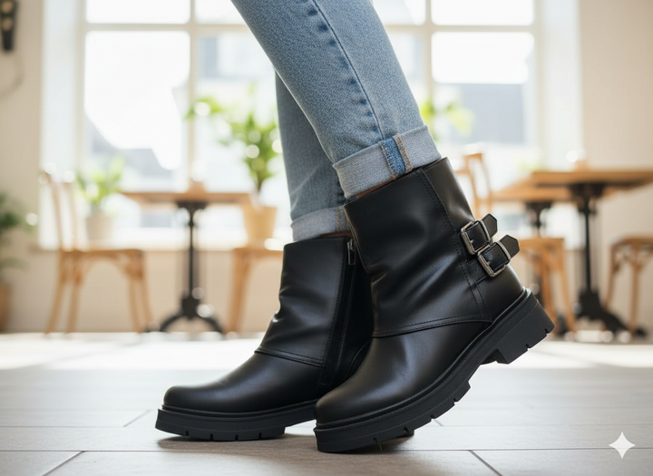 Black leather boots with buckles worn indoors on a light wooden floor.