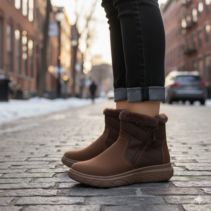 Brown winter boots on a person walking on a street with buildings in the background
