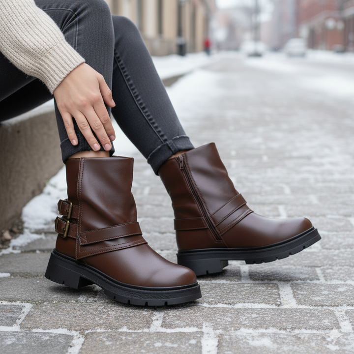 Brown leather boots worn by a person on a snowy street.