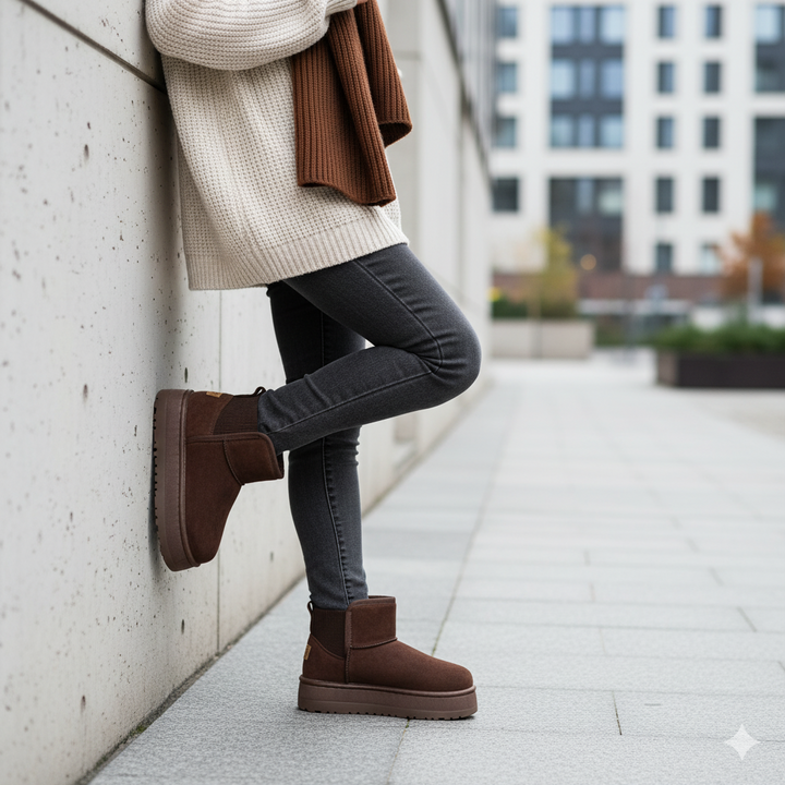 Person wearing brown boots, beige sweater, and dark jeans leaning against a wall in an urban setting.