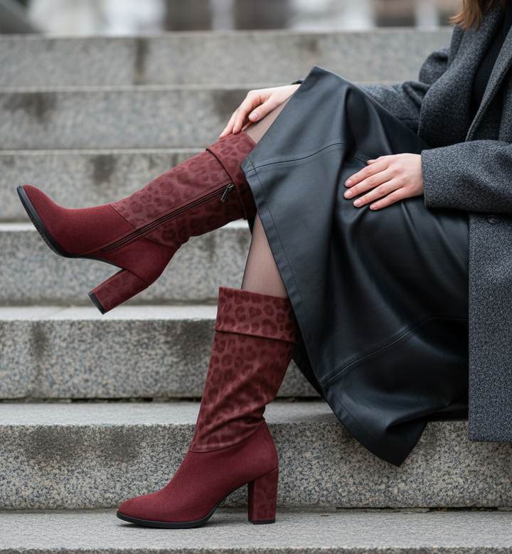Person wearing maroon knee-high boots with leopard print pattern, sitting on steps.