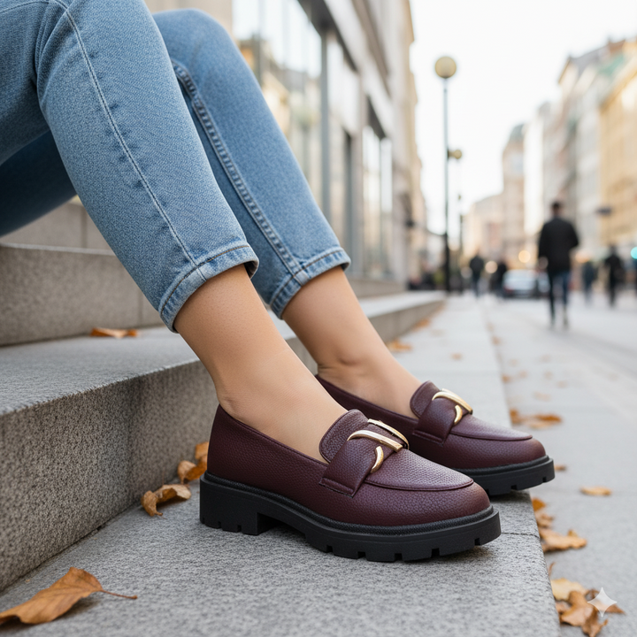 Burgundy Chunky Loafers with Metal Buckle – Bold & Elegant