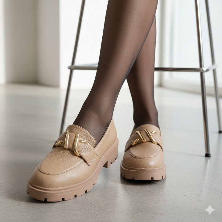 Beige loafers worn with black tights on a light floor.