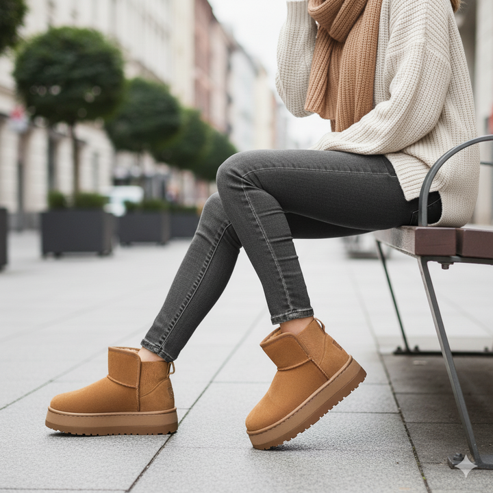 Person wearing brown ankle boots on a city street