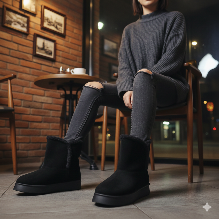 Person wearing black ankle boots sitting in a cozy indoor setting.