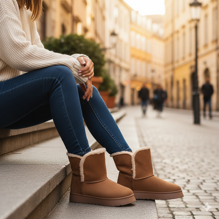 Person wearing brown boots sitting on steps in an urban setting