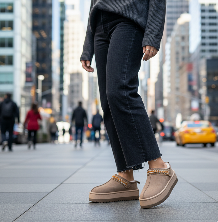 Person wearing brown shoes with decorative straps on a city street.