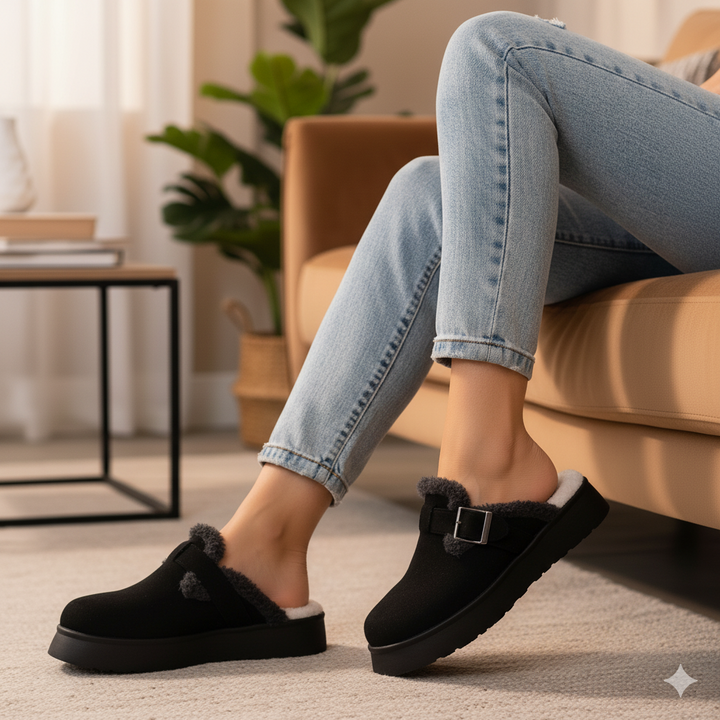 Person wearing black slippers with fur trim in a cozy living room setting