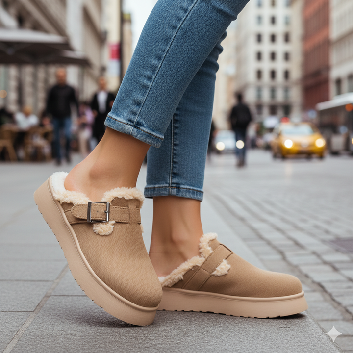 Tan slip-on shoes with fur lining worn by a person on a city street.