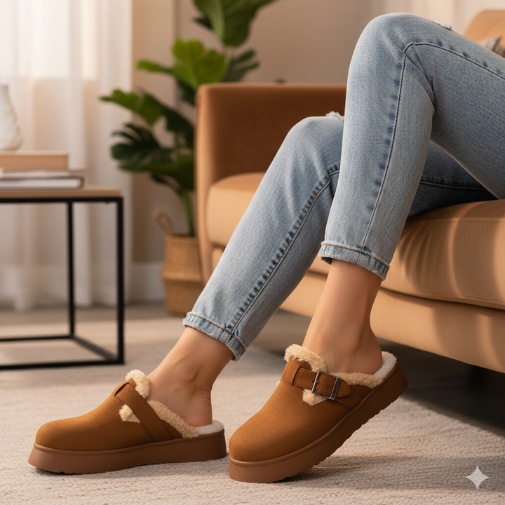 Person wearing brown slippers with fur trim in a cozy living room.