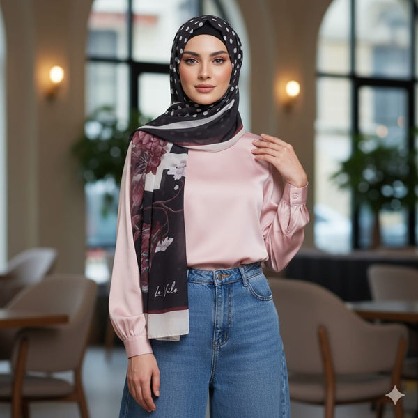 Woman wearing a pink blouse and blue jeans with a patterned hijab in a restaurant setting