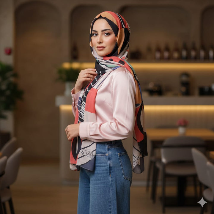 Woman wearing a colorful headscarf and pink shirt in a restaurant setting