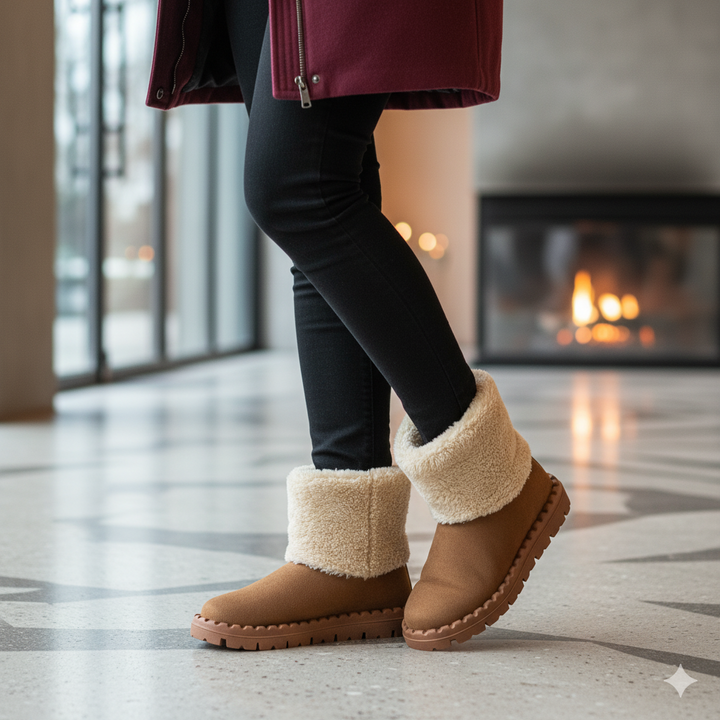 Person wearing brown boots with white fur trim in a room with a fireplace.