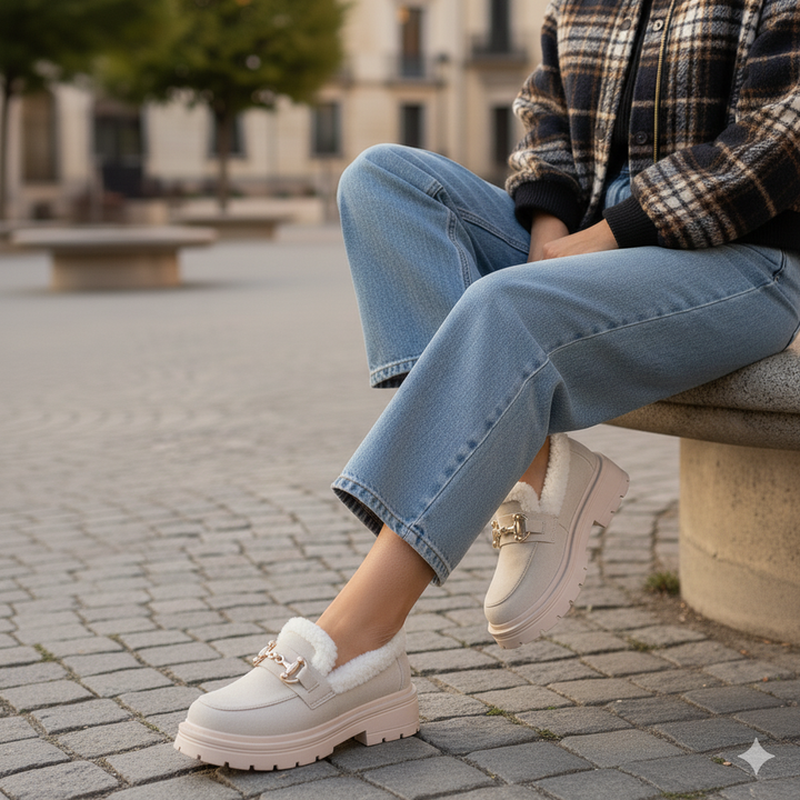 Person wearing white loafers with a platform sole on a stone bench.