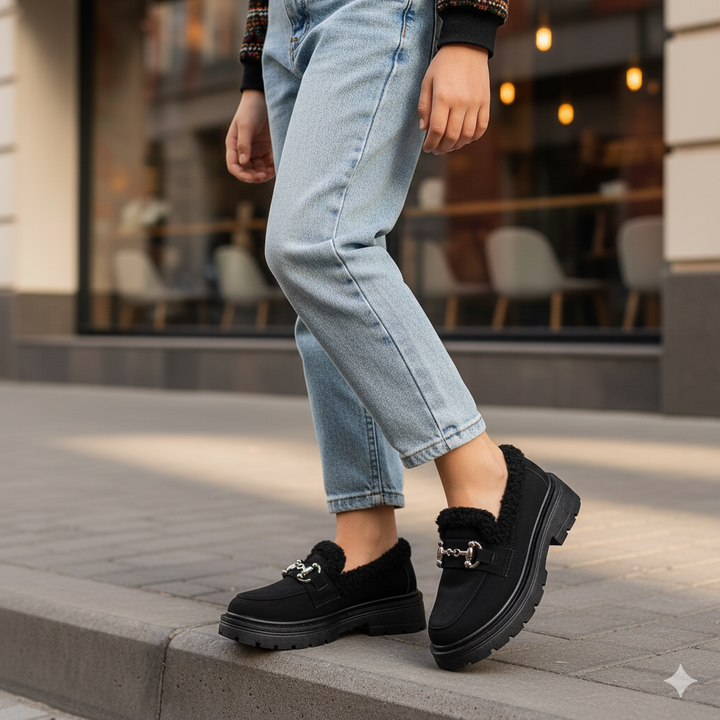 Person wearing black loafers and light blue jeans standing on a sidewalk.