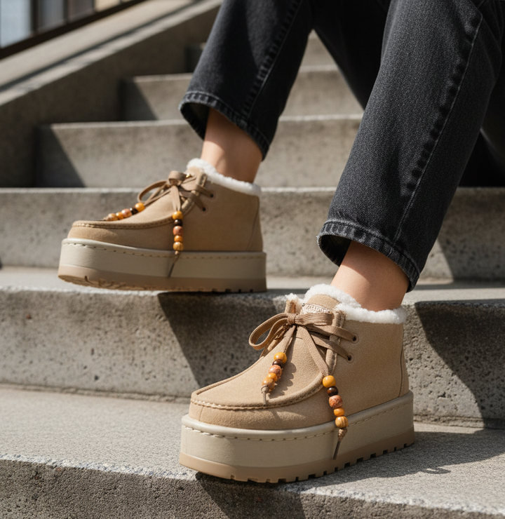 Beige winter boots with fur lining worn on concrete steps.