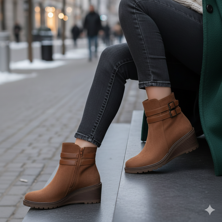 Person wearing brown ankle boots sitting on a bench in an urban setting