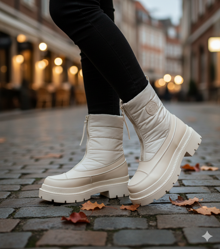 White winter boots on a cobblestone street with blurred background