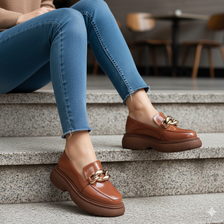 Person wearing brown loafers with gold chains on steps