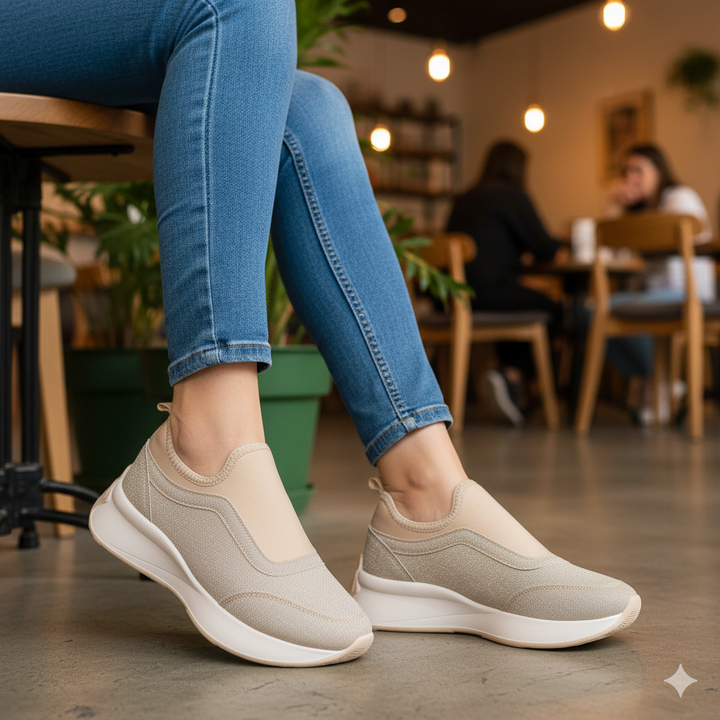 Person wearing beige slip-on shoes and blue jeans in a casual setting