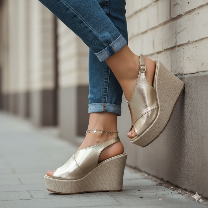 Gold wedge sandals worn with rolled-up jeans against a neutral background