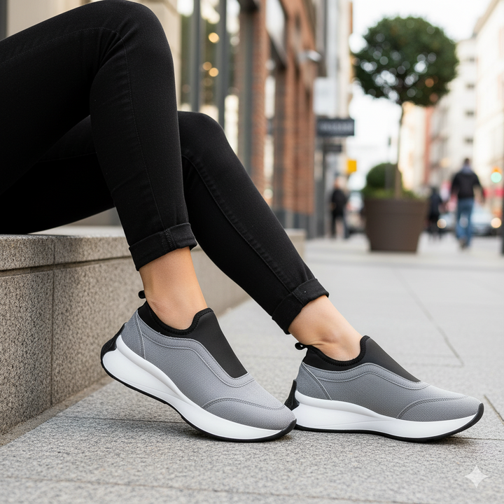 Person wearing gray slip-on sneakers with black accents on a city street.