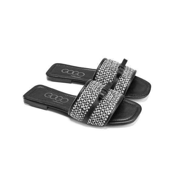Black Flat Slides – Woven Wide Strap with Square Toe