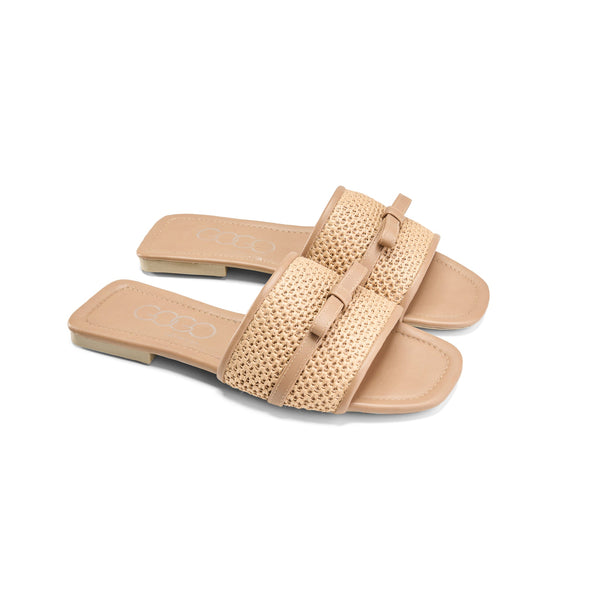 Beige Flat Slides – Woven Wide Strap with Square Toe