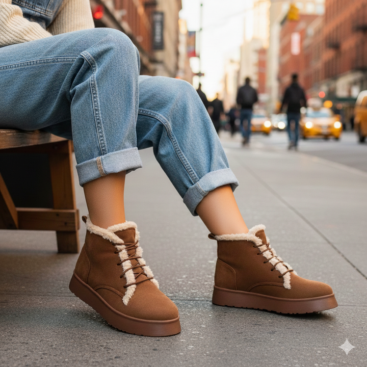 Person wearing brown boots with white fur lining on a city street.