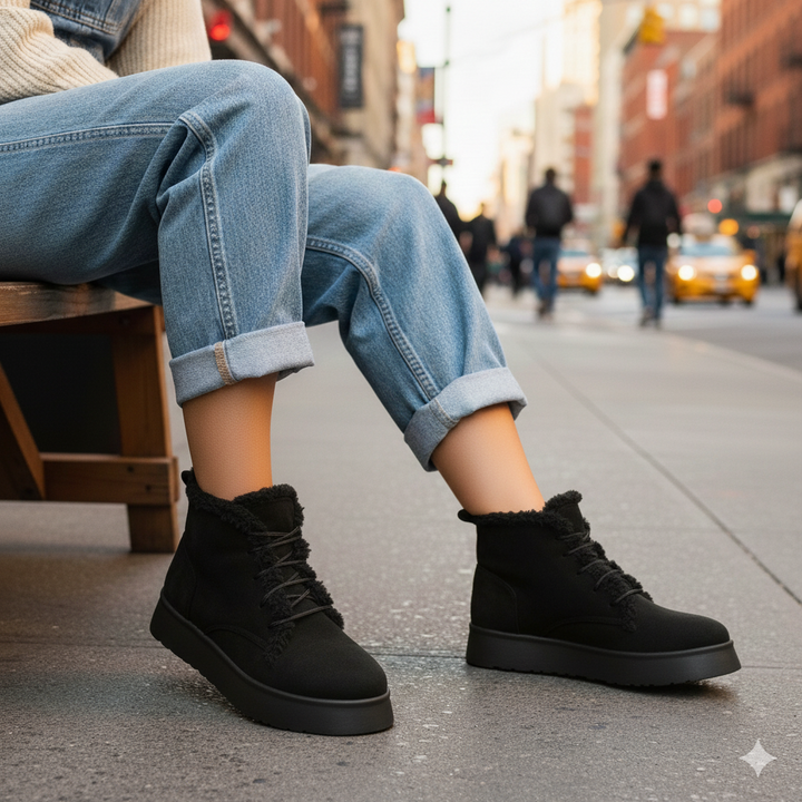 Person wearing black boots sitting on a bench with a city street background