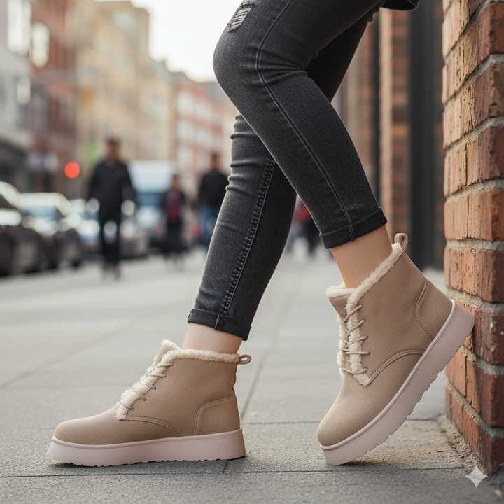 Lace Up Ankle Boot With Sherpa Trim in CAFFE