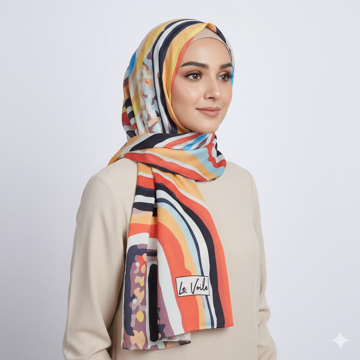Woman wearing a colorful scarf with 'La Vela' branding on a light gray background