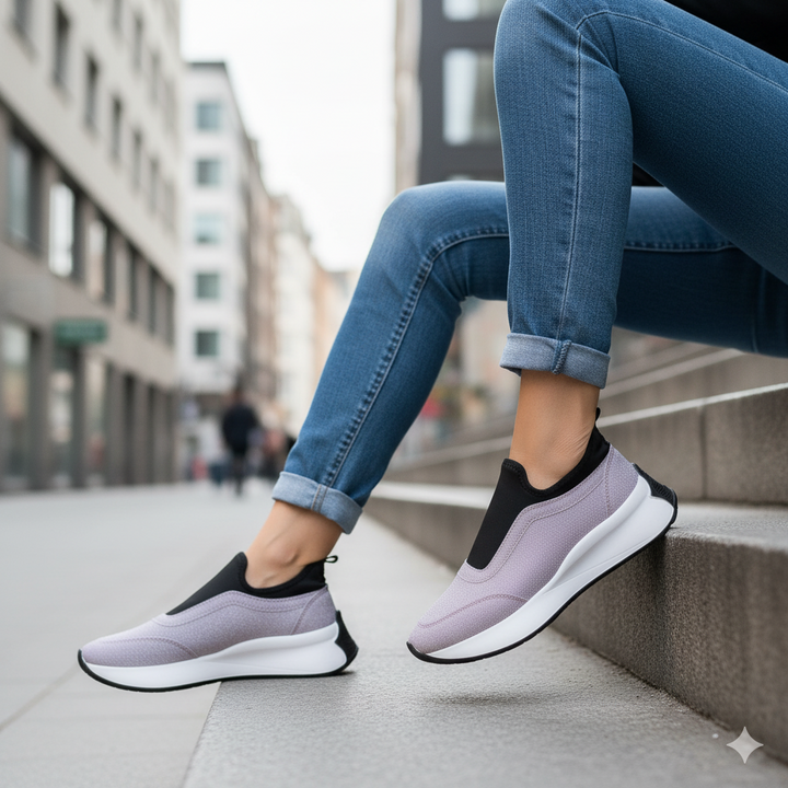 Person wearing light purple sneakers with black accents on a city street.