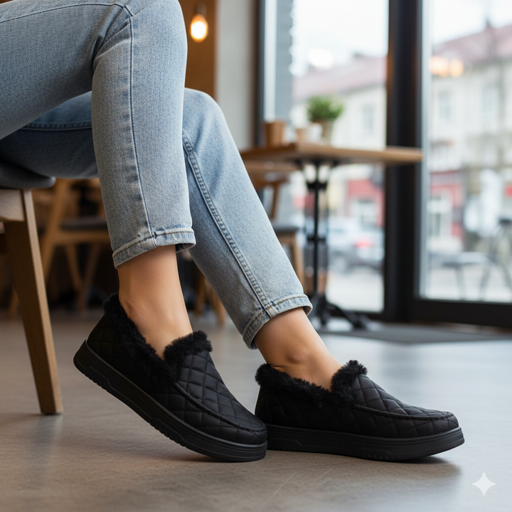 Person wearing black quilted slippers with fluffy trim indoors.